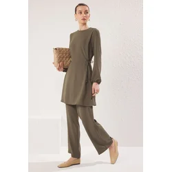 Trendyol Dark Khaki Eyelet Tie Detail Aerobin Tunic-Pants Set