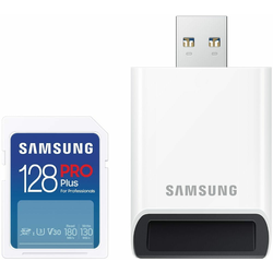 SD Card 128GB, PRO Plus, SDXC, UHS-I U3 V30 Class 10, Read up to 180MB/s, Write up to 130 MB/s, for 4K and FullHD video recording, w/USB Ca