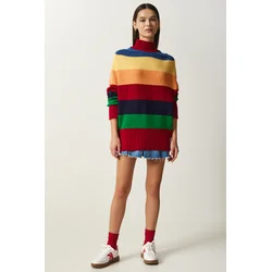Happiness Istanbul Womens Red Block Color Striped Oversize Knitwear Sweater