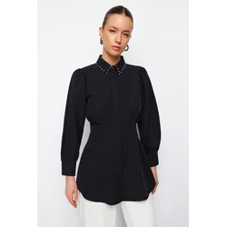 Trendyol Black Waist Fitted Pearl Detail Woven Shirt