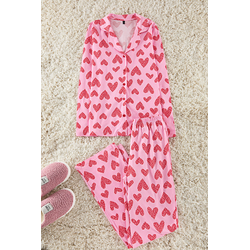 Trendyol Pink 100% Cotton Leopard Heart Patterned Shirt Pants Knitted Pajama Set