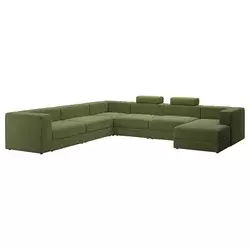 JÄTTEBO Sofa U-oblika, 7-sed, s lenjivcem, desno s uzglavljima/Samsala tamnožuta-zelena