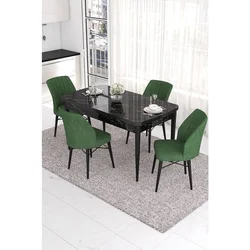 Hanah Home trpezarijski set Eva, sto na razvlačenje i 4 stolice, ploča u dekoru crnog mermera, kaki zelena tkanina Babyface