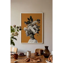 WallXpert uramljena slika 115226, ženski portret sa belim cvećem na oker pozadini, 50 x 70 cm, beli ram