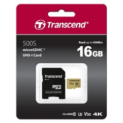 SDHC TRANSCEND MICRO 16GB 500S, 95/60MB/s, MLC, C10, UHS-I Speed Class 3 (U3), V30, adapter