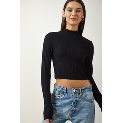 Happiness Istanbul Womens Black Turtleneck Corded Crop Knitted Blouse