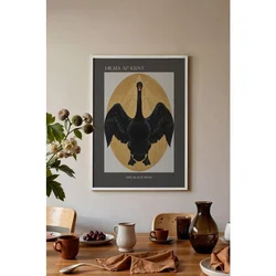 WallXpert uramljena slika 115216, The Black Swan Hilme af Klint, crni labud u zlatnom ovalu, 30 x 40 cm, beli ram