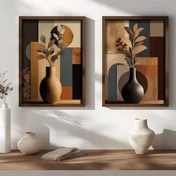 WallXpert set uramljenih MDF slika NAL204-70, vaze sa granama ispred geometrijskih polja u zemljanim tonovima, 2 x 50 x 70 cm
