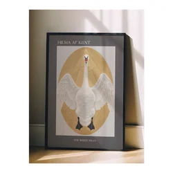 WallXpert uramljena slika 115230, The White Swan Hilme af Klint, beli labud u zlatnom ovalu, 50 x 70 cm, crni ram