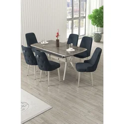 Hanah Home trpezarijski set Nis, sto na razvlačenje i 6 stolica, antracit ploča Irony, hromirane noge, antracit tkanina Babyface
