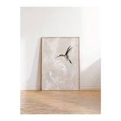 WallXpert uramljena slika 115241, kolibri i beli cvet na svetlobež teksturisanoj pozadini, 30 x 40 cm, ram u boji prirodnog drveta