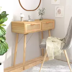 Konzolni stol smeđi 80x30x75 cm od borovine i prirodnog ratana