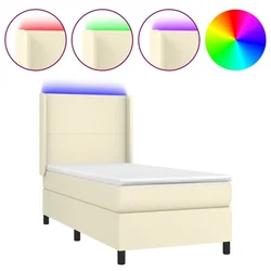Vidaxl Box spring postelja z vzmetnico LED krem 100x200cm umetno usnje