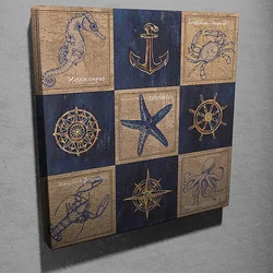 WallXpert slika na platnu KC117, nautički motivi – sidro, kormilo, ruža vetrova, morska zvezda i hobotnica, 45 x 45 cm
