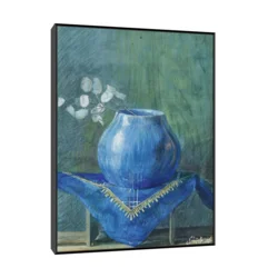 Canvas Slika na platnu Still Life of a Moneyplant Branch in Blue Vase, Egon Schiele, Sa ramom, 45 x 60 cm, Crni