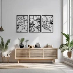 WallXpert metalni zidni ukras DCV-1100-MT, linijski cvetovi u 3 rama, 3 dela, 35 x 50 cm, crni