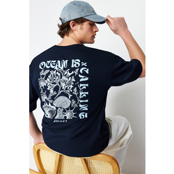 Trendyol Navy Blue Oversize/Wide Fit Back Fluffy Text Printed 100% Cotton T-shirt