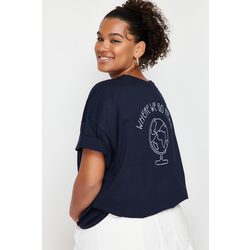 Trendyol Curve Navy Blue 100% Cotton Back Printed Relaxed/Wide Comfort Fit Crew Neck Knitted T-Shirt