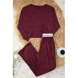 Trendyol Burgundy Heart Slogan Printed Elastic Knitted Pajama Set