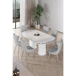 Hanah Home trpezarijski set Galya, sto i 6 stolica, ploča u dekoru belog mermera, hromirane noge, siva tkanina Babyface