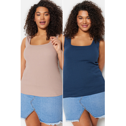 Trendyol Curve Mink-Indigo Basic Ribbed 2-Pack Square Neck Knitted Undershirt
