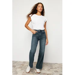 Trendyol Dark Blue Faded Effect Vintage High Waist Wide Leg Jeans