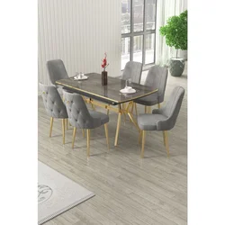 Hanah Home trpezarijski set Nis, sto na razvlačenje i 6 stolica, antracit ploča Irony, zlatne noge, siva tkanina Babyface