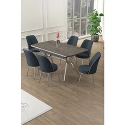 Hanah Home trpezarijski set Poy, sto na razvlačenje i 6 stolica, antracit ploča Irony, hromirane noge, antracit tkanina Babyface