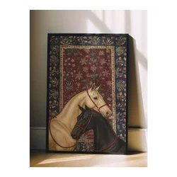 WallXpert uramljena slika 115197, beli i crni konj ispred bordo orijentalnog ćilima, 30 x 40 cm, crni ram