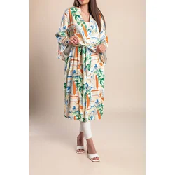 Plus size dolg kardigan s potiskom, večbarven