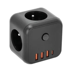 Razdelnik sa prekidačem LINEA, 3x230 V + 4x USB-A/USB-C, crni