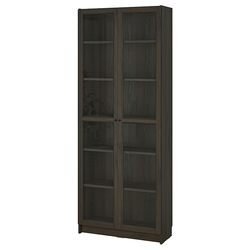 BILLY / OXBERG Biblioteka sa staklenim vratima, tamnosmeđa im. hrastovine, 80x30x202 cm