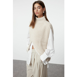 Trendyol Stone High Collar Slit Sweater