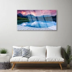tulup.si Steklena slika Mountain lake landscape 100x50 cm 2 obešalnika