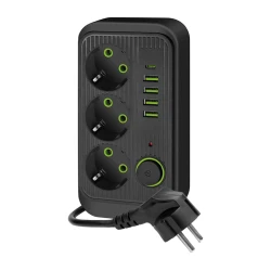 Produživač sa prekidačem LINEA 3x230V + 5xUSB A/C SCHUKO 3 m crna