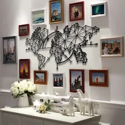 WallXpert metalni zidni ukras MAP-MET9017, geometrijska mapa sveta sa ružom vetrova, 100 x 60 cm, crni