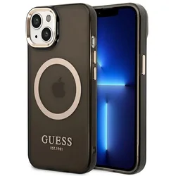 Guess Maska za iPhone 14 Plus Gold Outline Translucent Black MagSafe