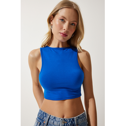 Happiness Istanbul Womens Blue Barbell Neck Crop Knitted Blouse