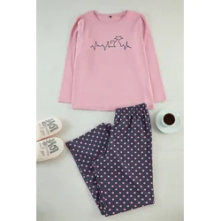 Trendyol Curve Multicolored Polka Dot and Cat Patterned Knitted Pajama Set