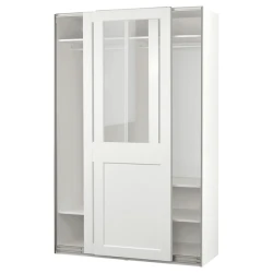 PAX / GRIMO Garderober i klizna vrata, bela/bistro staklo bela, 150x66x236 cm