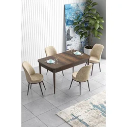 Hanah Home trpezarijski set Han, sto na razvlačenje i 4 stolice, ploča u dekoru drveta Baroque, krem tkanina Jerry