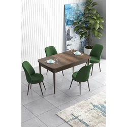 Hanah Home trpezarijski set Han, sto na razvlačenje i 4 stolice, ploča u dekoru drveta Baroque, kaki zelena tkanina Jerry