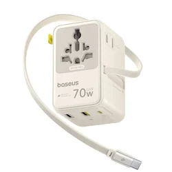 70W Potovalni adapter Baseus EnerCore CG11 (E0307E01) EU/UK/US/AU, 2x USB-A Plus 2x USB-C z izvlečnim kablom - white