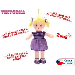 Viktorka krpasta lutka 32 cm češko govorjenje na baterije vijolična