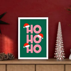 WallXpert uramljena slika 3752CHRCT-005, roze natpis Ho Ho Ho sa Deda Mrazovim kapama na zelenoj pozadini, 37 x 52 cm, beli ram
