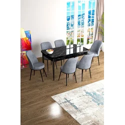 Hanah Home Set Trpezarijski sto i 6 stolica Han, Sivo-crni