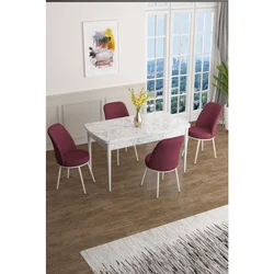 Hanah Home trpezarijski set Han, sto na razvlačenje i 4 stolice, ploča u dekoru belog mermera, bordo tkanina Jerry