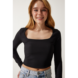 Happiness Istanbul Womens Black Square Neck Ribbed Crop Knitted Blouse