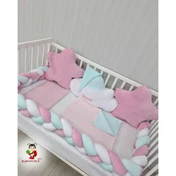 Bubamara037 Set za krevetac sa ogradicom od pletenica, sa lastišom, Roze-Beli
