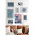 WallXpert set od 8 manjih uramljenih slika Çgs-058, plavi motivi – veliki talas u roze tonovima, cvetne šare, leptiri i porcelanski tanjir, beli ram